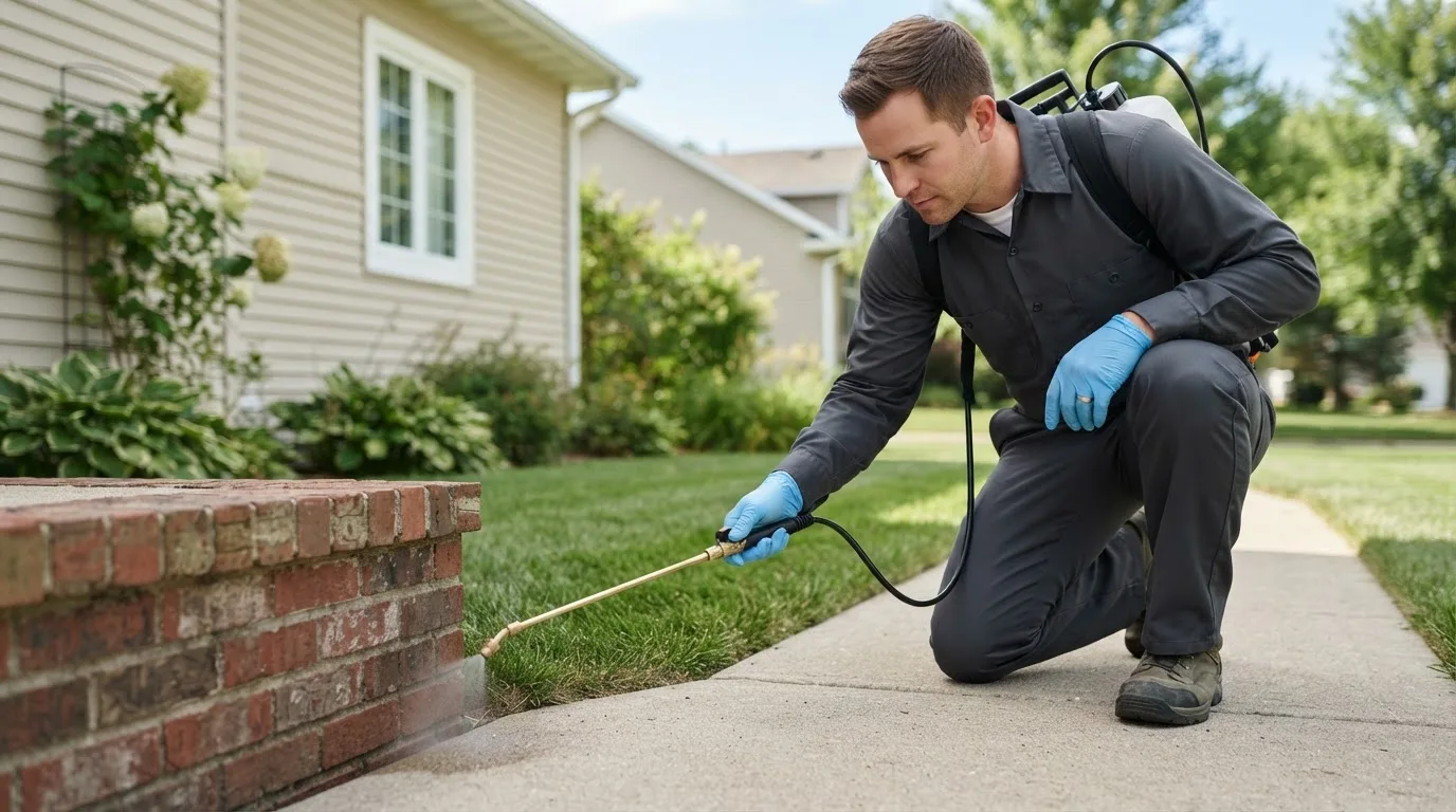 Pest control technician treating a home near Deshler, NE