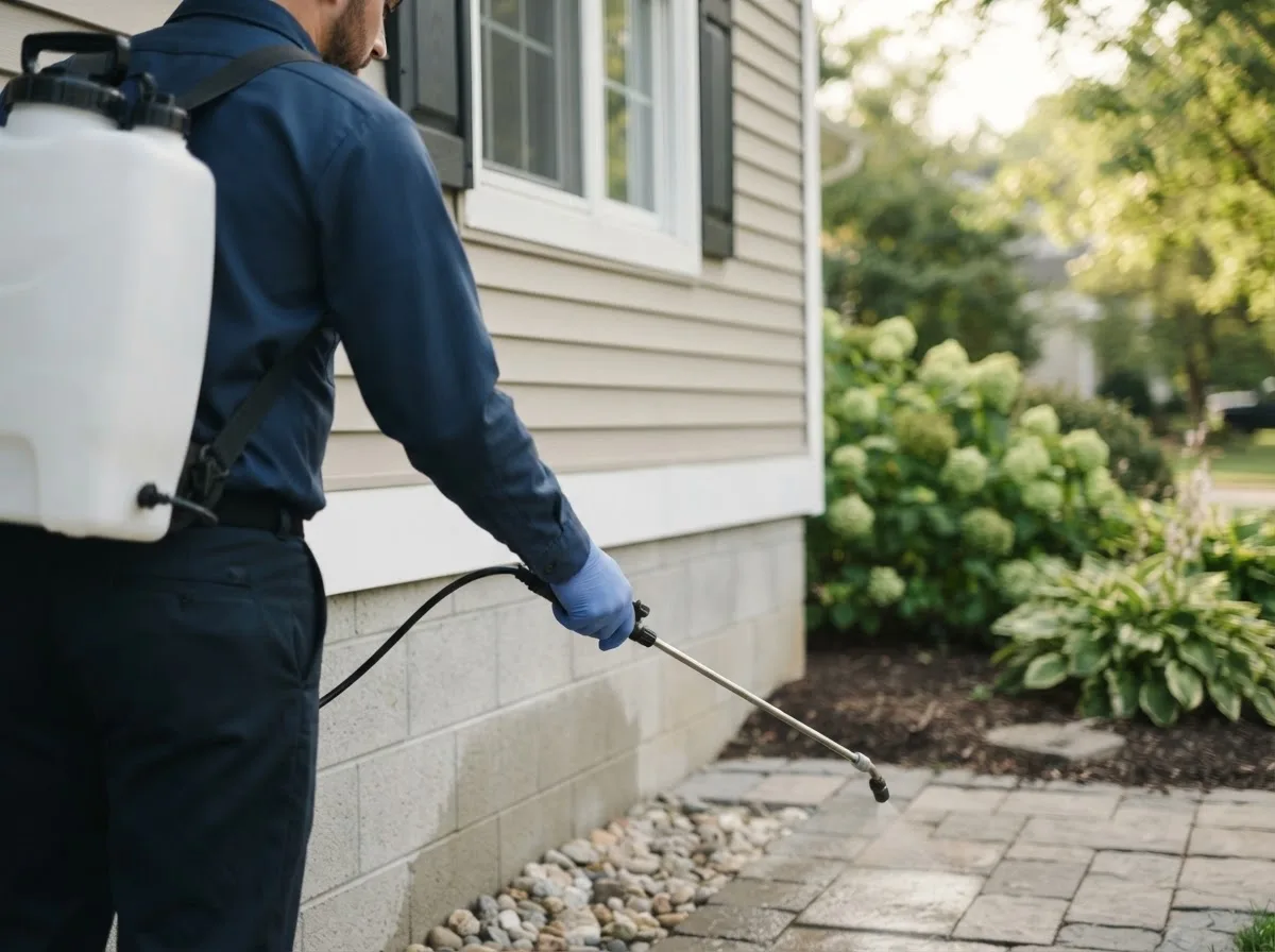 Pest control technician inspecting a home in Deshler, NE